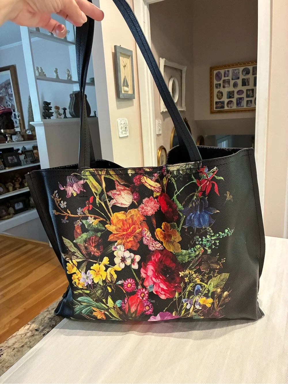 Elliott Lucca Black Tote with Multicolor Floral Print